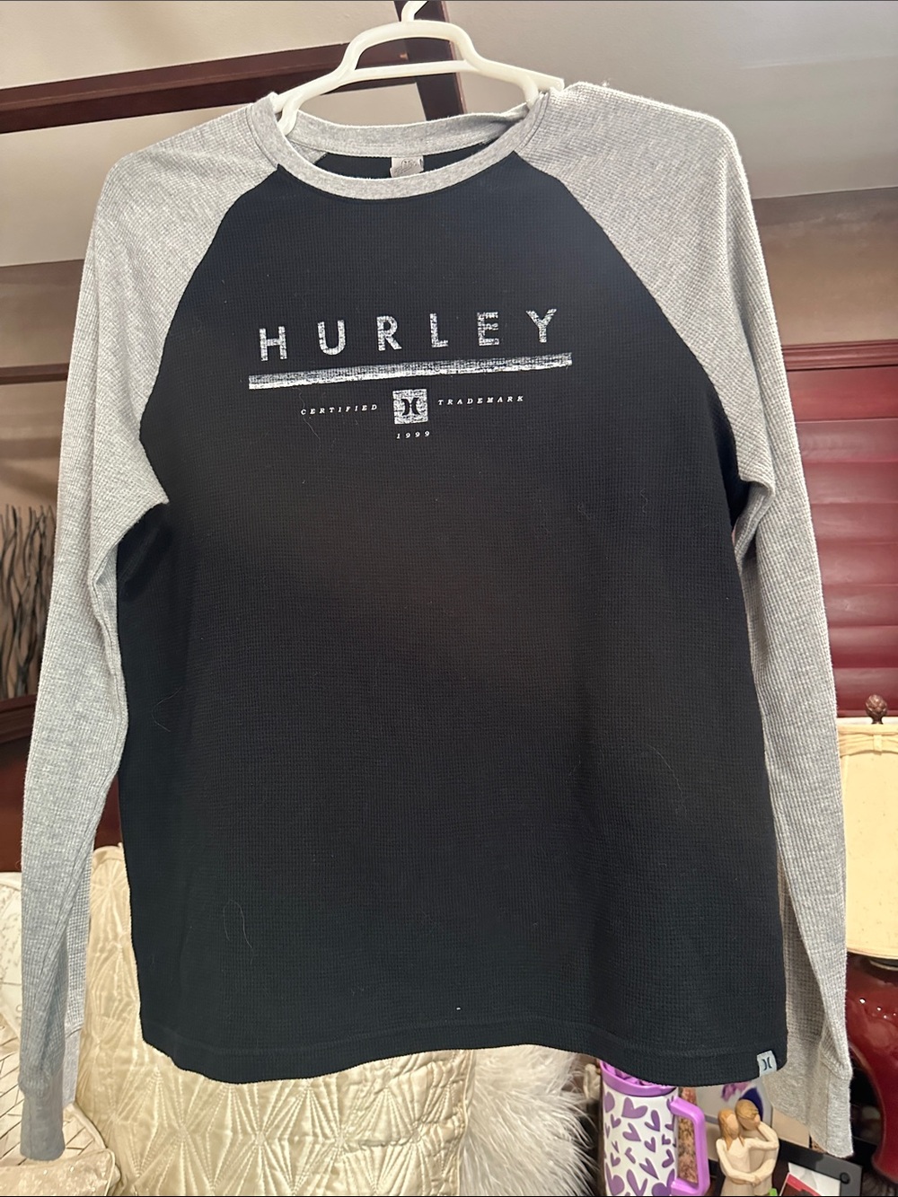 Hurley Men’s Black Body with Gray Raglan Long Sleeve Crewneck